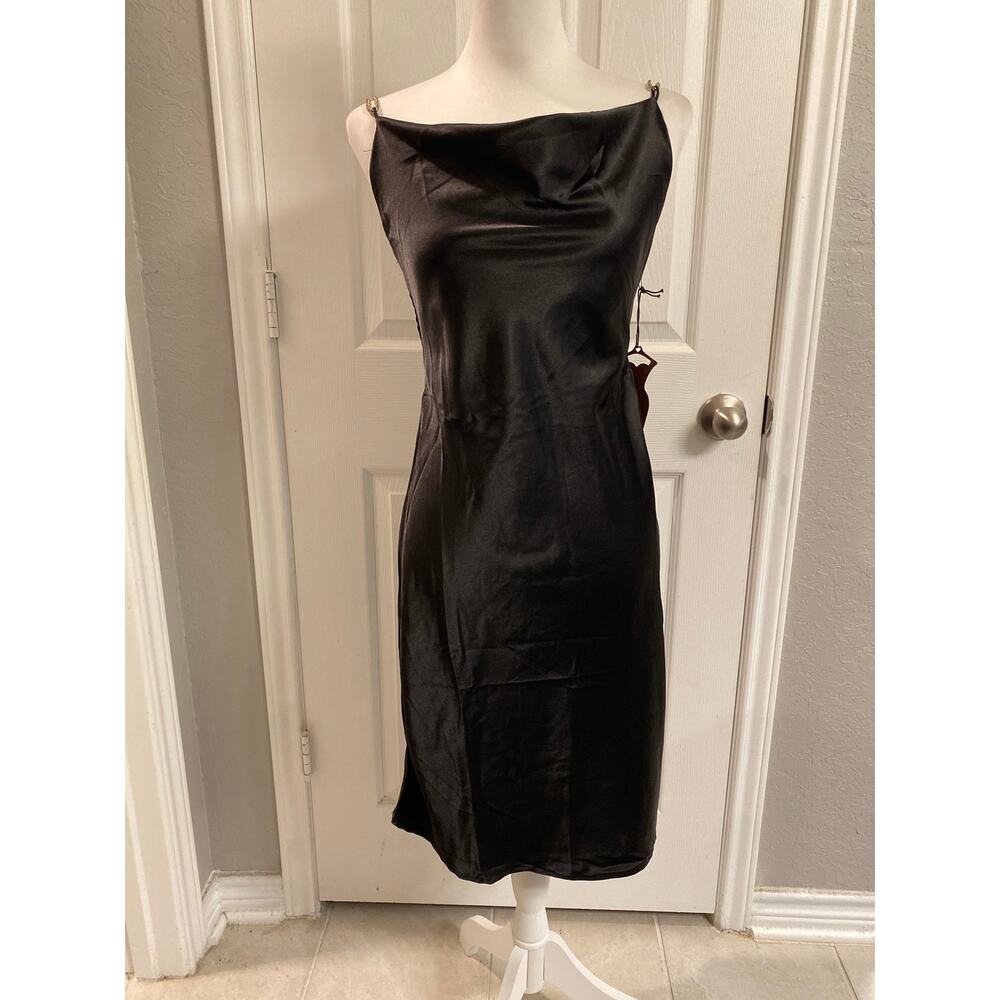 Haute Monde Black Satin Cowl Neck Slip Dress Rhinestone Chain Back Small